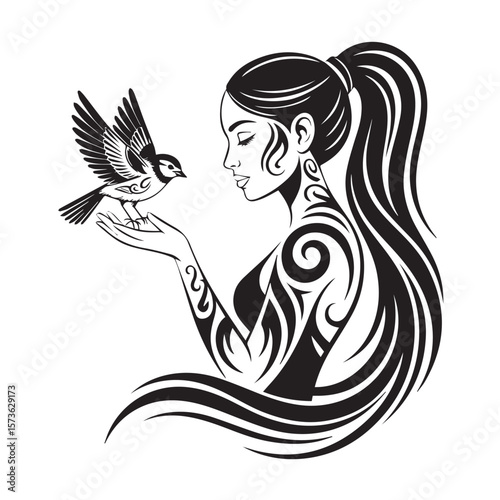 A woman with intricate tribal markings on her arms and body gently holds a bird in her open palm