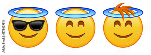 Smiling face with halo above head Set of three yellow emoji