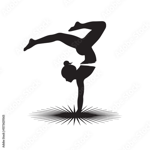 A dynamic silhouette of a flexible gymnast performing a handstand with legs extended, balanced on a starburst pattern, isolated on white background