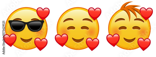 Smiling face with smiling eyes and three hearts Set of three emoji