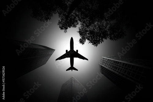 Airplane Ascending Through City Shadows in Black