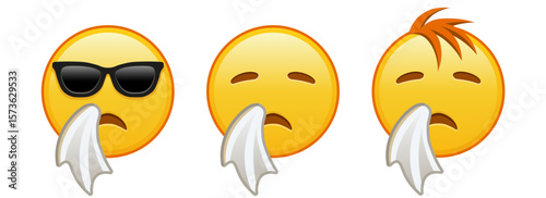 Sneezing face Set of three yellow emoji