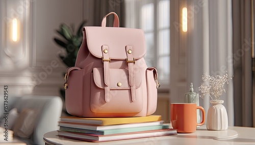 Elegant Pink Backpack Resting on Stack of Books