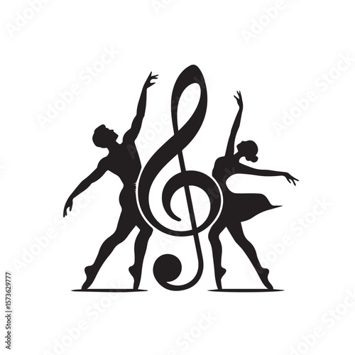 A graceful ballet dancer and a male dancer in silhouette pose around a large treble clef, symbolizing the fusion of dance and music
