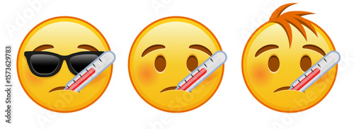Yellow face with thermometer Set of three emoji