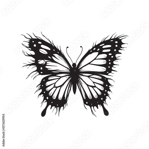 An artistic black and white illustration of a butterfly with uniquely textured wings, showcasing natures intricate beauty and delicate form