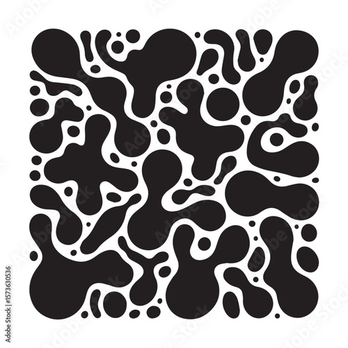 A dynamic pattern of black organic shapes and small circles scattered across a clean white background