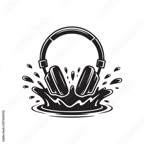 A pair of black headphones submerged in a dynamic splash of liquid, creating a vibrant musicthemed graphic