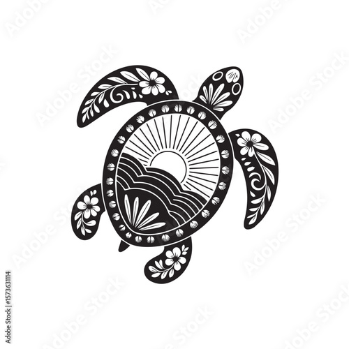 A beautifully illustrated sea turtle, adorned with intricate floral patterns and a sun motif on its shell, symbolizes peace and natures beauty