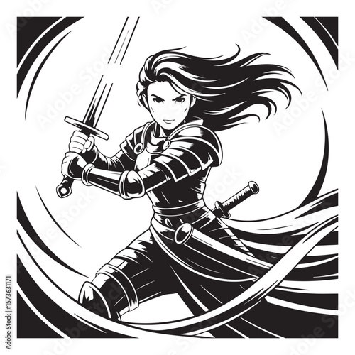 A determined female warrior in full armor, wielding a sword with flowing hair and a dynamic pose, embodies strength and courage in this black and white illustration
