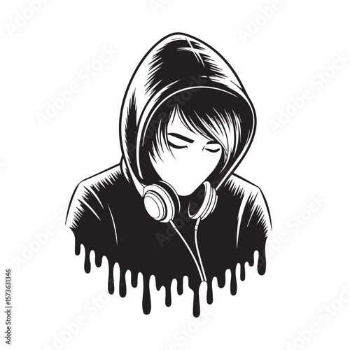 A stylish young person wearing a hoodie and headphones, with a thoughtful expression, rendered in a unique black and white illustration with dripping effects