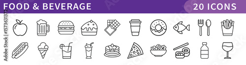 Food and Beverage Icons Set, A collection of 20 digital icons representing food, beverages, and dining elements, including popular dishes, drinks, and snacks.
