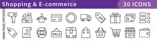 Shopping and E-commerce Icons Set, A collection of 20 digital icons representing shopping, e-commerce, and online retail tools for consumers and businesses.
