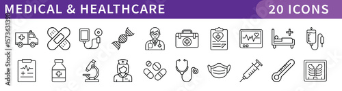 Medical and Healthcare Icons Collection, A set of 20 digital icons representing medical care, healthcare tools, and equipment for health professionals and patients.
