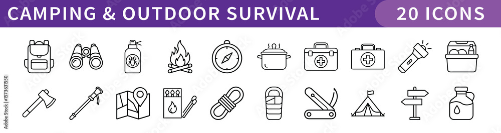Φωτογραφία Camping and Outdoor Survival Icons Set, A set of 20 digital icons representing camping, outdoor survival gear, and activities for outdoor enthusiasts and adventurers