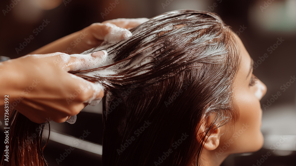 Naklejka premium A Luxurious Hair Spa concept illustrated by soapy hands massaging thick foam into wet hair. 