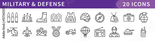 Military and Defense Icons Collection, A set of 20 digital icons representing military, defense, and combat-related elements, including gear, weapons, and equipment.
