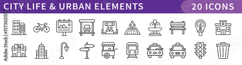 City Life and Urban Elements Icons Set, A set of 20 digital icons representing city life, urban living, and elements of modern cities such as transportation and infrastructure.
