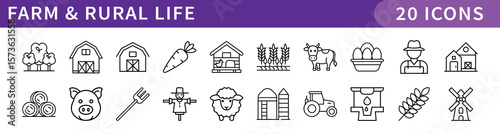 Farm and Rural Life Icons Collection, A set of 20 digital icons representing farming, rural life, and agricultural tools for country living and farming activities.
