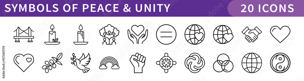 Obraz premium Symbols of Peace and Unity Icons Set, A collection of 20 icons representing symbols of peace and unity, including peace signs, hearts, equality, and global harmony. 