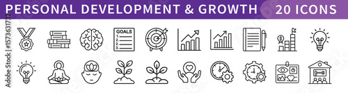 Personal Development and Growth Icons Set, A collection of 20 icons representing personal development and growth, including achievement, learning, progress, and self-improvement symbols.

