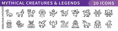 Mythical Creatures and Legends Icons Set, A collection of 20 icons representing mythical creatures and legendary beings, including unicorns, dragons, griffins, and other fantasy creatures.
