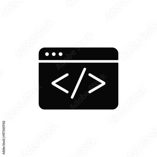 Black and White Icon Depicting a Browser Window with Coding Tags Displayed Inside
