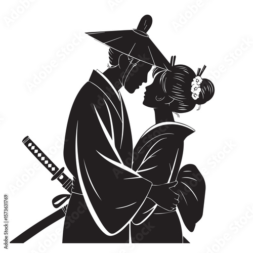 A silhouette of a samurai couple in traditional japanese attire, embracing tenderly with a katana at the ready, symbolizing love and cultural heritage