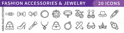 Fashion Accessories and Jewelry Icons Set, A collection of 20 icons representing fashion accessories and jewelry, including necklaces, rings, handbags, and stylish items.

