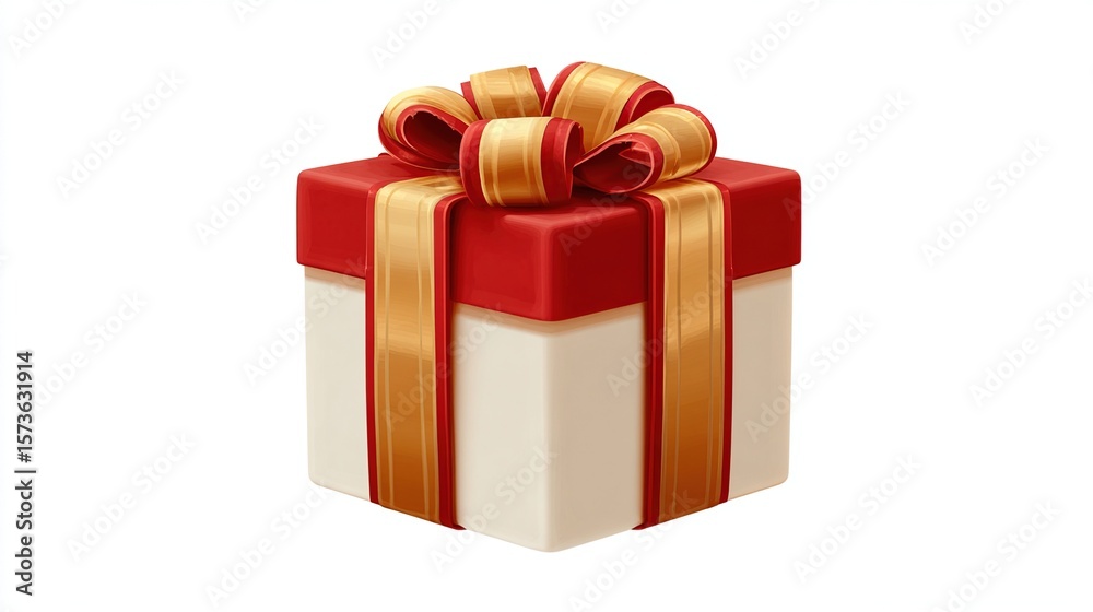 Obraz premium Wrapped square gift box with red lid and golden ribbon, isolated on white