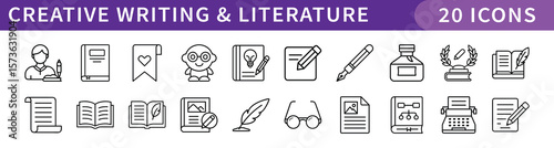 Creative Writing and Literature Icons Set, A collection of 20 icons representing creative writing and literature, including books, pens, writing tools, and literary symbols.
