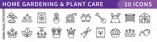 Home Gardening and Plant Care Line Icons Set: 20 Vector Illustrations for Horticulture, Cultivation, and Outdoor Activities, Perfect for Web, Apps, and UI Design