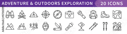 Adventure and Outdoors Exploration Icons Set, A collection of 20 icons representing outdoor exploration and adventure, including hiking, camping, compass, and gear for outdoor activities.
