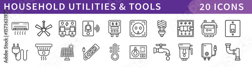 Household Utilities and Tools Icons Set, A collection of 20 icons representing household utilities and tools, including plumbing, electrical outlets, fans, and home maintenance equipment.
