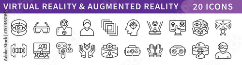 Virtual Reality and Augmented Reality Icons Set, A collection of 20 icons representing virtual reality (VR) and augmented reality (AR) technologies, including VR headsets, users, and immersive environ