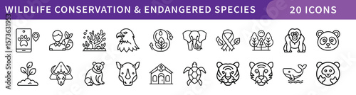 Wildlife Conservation and Endangered Species Icons Set, A set of 20 icons representing wildlife conservation efforts and endangered species, featuring animals, habitats, and conservation symbols.
