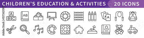 Children's Education and Activities Icons Set, A collection of 20 icons representing children's education and activities, including learning tools, toys, and creative play symbols.
