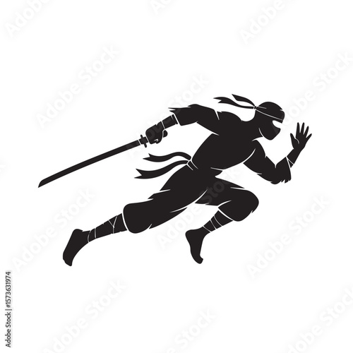 A dynamic silhouette of a ninja in action, running with a sword, embodying stealth, agility, and the fierce spirit of japanese martial arts