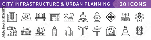 City Infrastructure and Urban Planning Icons Set, A collection of 20 icons representing city infrastructure and urban planning elements, such as buildings, roads, traffic signs, and public spaces.
