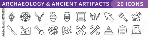 Archaeology and Ancient Artifacts Icons Set, A set of 20 icons representing archaeological tools, ancient artifacts, and historical symbols like pottery, tools, and pyramids.
