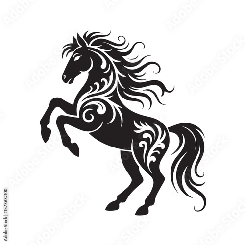 A majestic black horse with an ornate, flowing mane and tail, rearing up powerfully