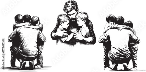 Emotional black and white sketches of a father embracing his children, showing love and family bonds.