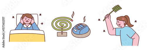 An illustration of mosquito problems: a disturbed person in bed, mosquito coils, electric repellents, and a fly swatter. Concepts of pest control and summer discomfort.