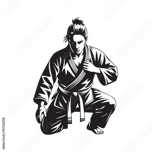 A determined martial artist in a traditional gi, kneeling in a powerful stance, ready for combat