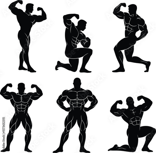Detailed Bodybuilder Silhouettes: Muscular Men Posing for Fitness and Strength Displays.
