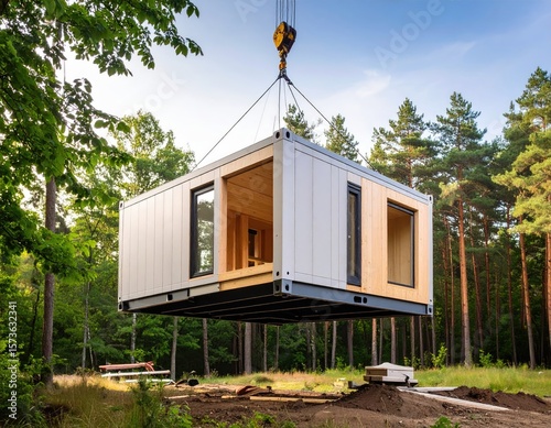 Modern container home being lifted
