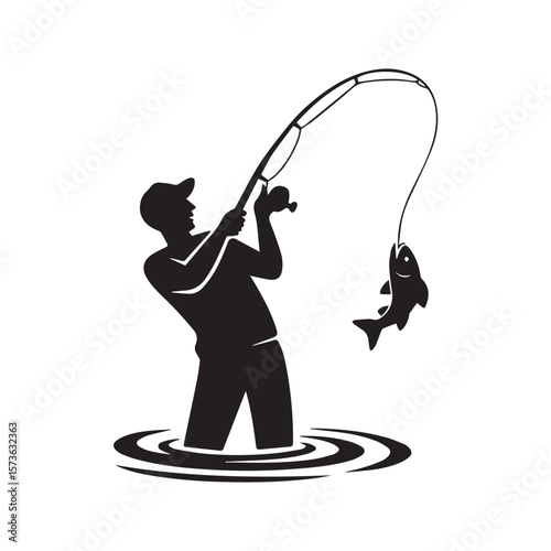 A fisherman in the water proudly reels in a fish caught on his line