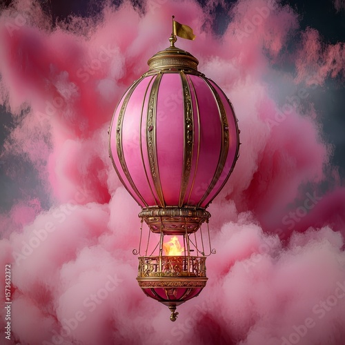 Pink and Gold Hot Air Balloon Soaring Through Dreamlike Cloudscape