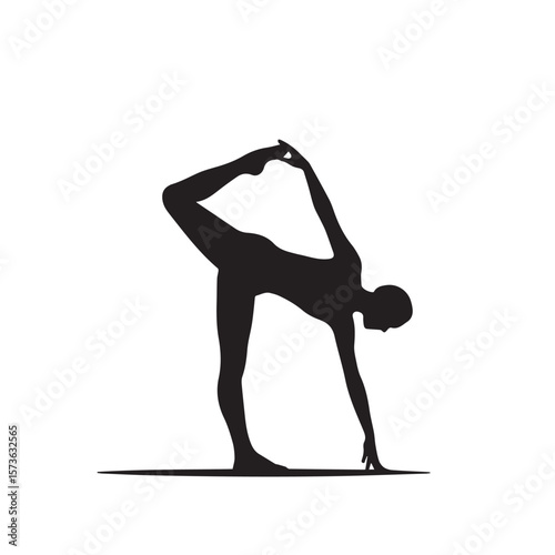 A silhouette of a woman in a graceful yoga pose, balancing on one leg with her arm extended