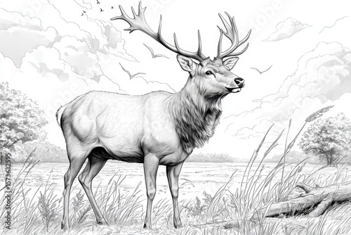 Monochrome Sketch of a Majestic Stag in a Field